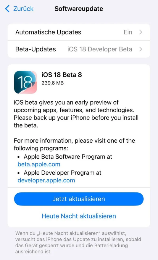 信州苹果手机维修分享苹果 iOS / iPadOS 18 开发者预览版 Beta 8 发布 